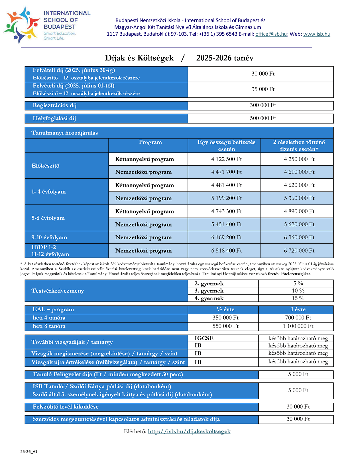 Díjak és Költségek / 2025-2026 tanév