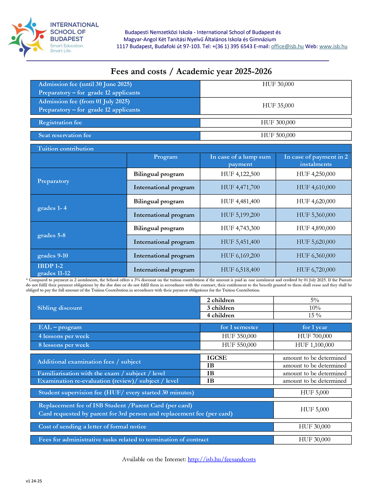Fees and costs / Academic year 2025-2026